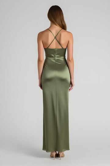 Olive spaghetti bretelles satin froncé gaine longue robe de demoiselle d’honneur
